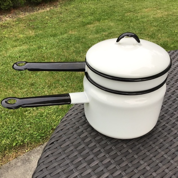 Vintage Double Boiler Enamelware White Black 3 Piece Set Pots & Lid - Picture 1 of 13